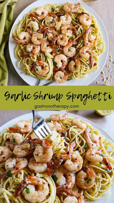 garlic shrimp spaghetti arranged on a white platter. Dairy Free Shrimp Pasta, Creamy Garlic Butter Sauce, Shrimp Scampi Sauce, Dairy Free Pasta Recipes, Shrimp Pasta Dishes, Shrimp Spaghetti, Garlic Spaghetti, Garlic Shrimp Pasta, Gluten Free Noodles