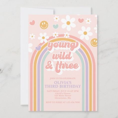 $2.98 | Retro Young Wild and Three Birthday Invitation #retro, hippie, rainbow, pink, purple, hearts, groovy, young wild and three, third birthday Third Birthday Girl, 10th Birthday Invitation, Third Birthday Invitations, Retro Invitation, Rainbow Birthday Invitations, Rainbow Invitations, Third Birthday Party, Birthday Napkins, 2nd Birthday Invitations