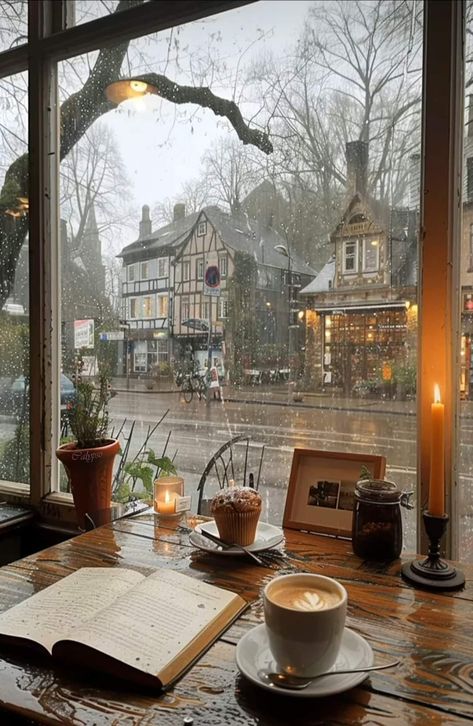 Cozy Living Room Rainy Day, Fall Moody Aesthetic, Moody Autumn Aesthetic, Moody Fall Aesthetic, Rain And Coffee, Moody Autumn, Window With A View, Studera Motivation, Coffee Shop Aesthetic