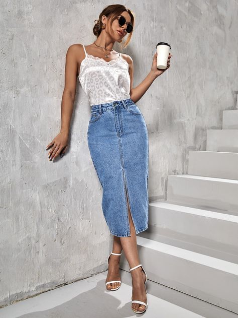 Denim Skirt Outfit Party, Popular Spring Outfits, Denim Skirts Online, Shirt Makeover, Casual Denim Skirt, Outfit Elegantes, Jean Skirt Outfits, Long Jean Skirt, Denim Skirt Outfits