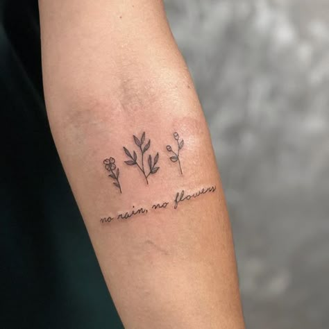 Cute Fore Arm Tattoos For Women, Bloom And Grow Tattoo, Flowers Grow In The Valley Tattoo, Floral Word Tattoo, Dainty Inner Arm Tattoos For Women, Fine Line Tattoo On Arm, Tattoo On Inner Elbow, Flower Tattoos Colorful, Tattoos For Back Of Arm