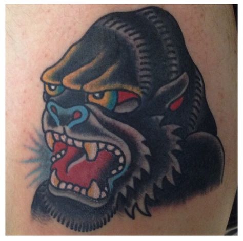 Traditional tattoos. Gorilla head tattoo. By @shonlindauer Gorilla Head Tattoo, Head Tattoo Traditional, Traditional Gorilla Tattoo, Ace Tattoos, Valentines Tattoo, Flash Traditional Tattoo, Tattoo Flash Traditional, Ace Tattoo, Gorilla Tattoo