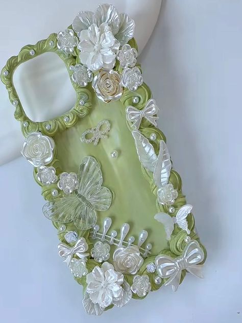 Pastel Green Floral Decoden Phone Case for All Brand, Baroque Fake Green Icing Decora Phone Case, Handmade iPhone 14 Case, Samsung, Android All model available. Leave messages for us if your model is not list above. Decoden Phone case need 10-15 days to dry out. We will send out your package as soon as possible. ❗️About Product - Every decoden product is made by hand, so we can not guarantee that the product will as same as the one in picture, and there may have some small differences and imperfections. So every product is unique, and I think this is the charm of handwork.  - Please keep away from children and pets and advise them not to put it into there mouths.  - You can wash it or wipe it but do not put decoden products under direct sunlight or high temperature.  - We do not accept any Decoden Pencil Case, Fairycore Phone Case, Charms Phone Case, Fairy Phone Case, Green Decoden Phone Case, Icing Phone Case, Frosting Phone Case, Deco Phone Cases, Green Icing