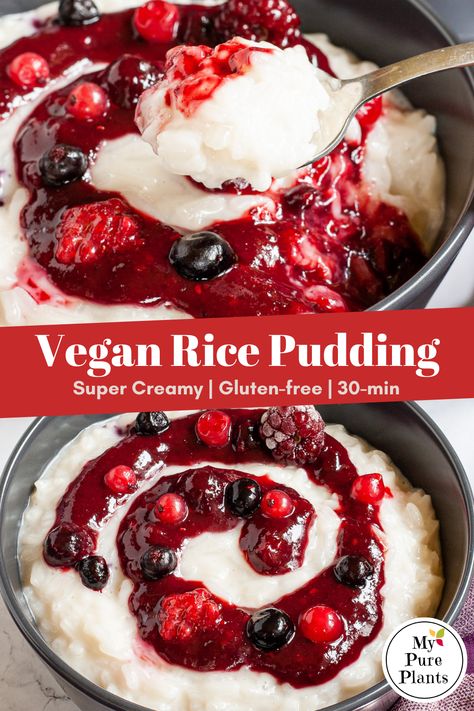 This is the creamiest vegan rice pudding you can make. This recipe is using aromatic jasmine rice cooked in the mix of almond milk and coconut milk. Served with a swirl of homemade cinnamon berry sauce. It is an absolutely delicious breakfast or dessert! Jasmine Rice Pudding, Vegan Rice Pudding, Coconut Milk Rice, Homemade Cashew Milk, Milk Rice, Rice Desserts, Milk Dessert, Vegan Rice, Berry Sauce