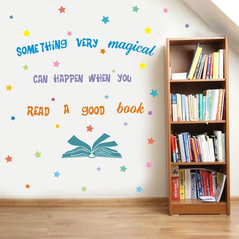 PRICES MAY VARY. ★Great Decal for Nursery Classroom Library: This colorful motivational lettering “Something Very Magical Can Happen When You Read A Book”sticker is perfect for kids room area decoration. Because of the unique watercolor design can create positive environment, make your kids feel fun&freedom. ★Usage: It’s easy to peel and stick. Simple steps to install the inspiring wall sticker onto door, painted wall or any smooth, flat, dry and dust free surface. ★Scenes: The colorful star sti Star Classroom Decor, Book Corner Classroom, Library Wall Decor, Library Corner, Reading Corner Classroom, Library Themes, Classroom Idea, Reading Wall, Teachers Lounge