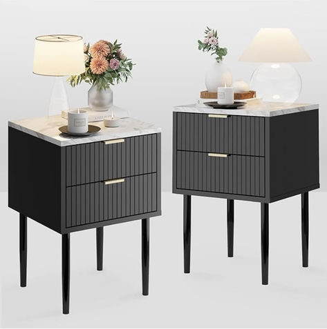 Anbuy Black Marble Nightstands Set of 2 with Gold Handle, Striped Night Stand with Drawers, End Side Table with Faux Marble Top, 2 Drawers End Table Metal Legs for Bedroom, Living Room Marble Nightstands, Black Side Table Bedroom, Nightstands Ideas Bedside Tables, Black Nightstand Bedroom, Night Stand With Drawers, Marble Nightstand, Tall Bedside Table, Amazon Furniture, Tahari Home