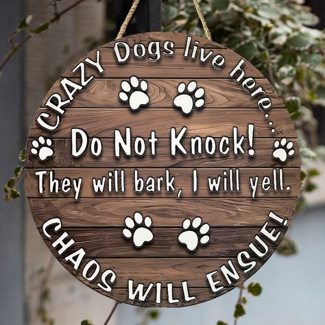 Why choose a boring normal sign when you can have a unique personalized one? This wooden sign is perfect for your room, front door, garden, or workplace, and will be the icing on the cake as other modern farmhouse and country-themed decorations. There is a rope to hang it without causing damage to the wall. A wonderful ingenious gift for family and friends. Description Easy to hang and ensure durability and last hold. The colors are bright and interesting which will attract every person. The door hanger sign is made of High-quality plywood, lightweight and water resistant, and can be applied for a long time. Features Size: 8 X 8 inches / 12 X 12 inches / 14 X 14 inches / 18 X 18 inches Material: High-quality plywood Color: Colorful One side printing. The front side is printed and the back Dog Theme Room, Dog Themed Crafts, Front Door Garden, Dog Food Station, Dog Room Decor, Door Garden, Round Signs, Crazy Dogs, Wood Wall Art Diy