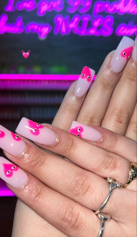 Pink Heart Nails Square, Easy Nail Designs Heart, Evil Eye Nails Design Pink, Pink Comme Des Garcons Nails, Bape Heart Nails, Pink Cdg Nails, Nails Converse Heart, Heart Face Nails, Cute Plain Nail Ideas