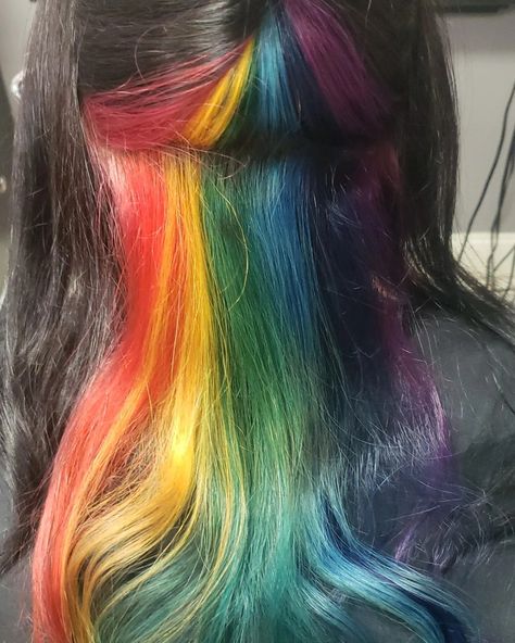 Rainbow Hair Strand, Black Hair Rainbow Underneath, Rainbow Hair Underneath Brown, Rainbow Dyed Hair Underneath, Rainbow Peak A Boo Highlights, Half Black Half Rainbow Hair, Hair Dye Underneath, Black And Rainbow Hair, Peekaboo Rainbow Hair