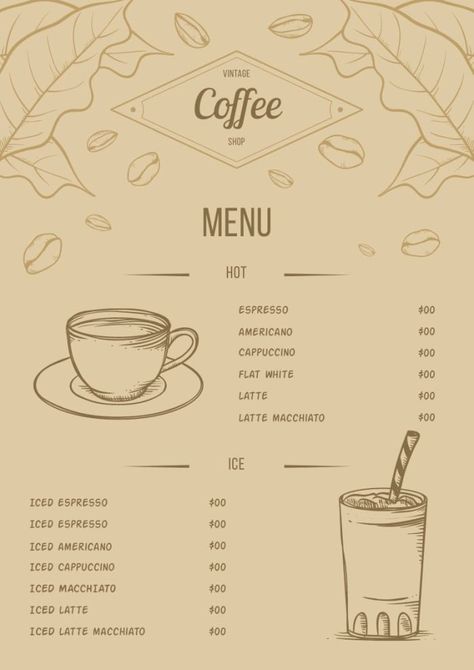 Hand-drawn Vintage Ice & Hot Coffee Shop Menu Vintage Cafe Menu Design, Cafe Menu Drawing, Ideas De Cafeterias Vintage, Coffee Menu Ideas, Menu Coffee Design, Coffee Shop Menu Ideas, Menu Cafeteria, Coffee Shop Menu Design, Menu Coffee Shop