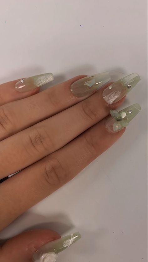 Pastel Green Nails Coffin, Simple Green And Silver Nails, Aesthetic Sage Green Nails, Mail Ideas With Gems, Green Jelly Nails Acrylic, Asian Nails Green, Sage Green Nails With Gems, Sea Green Nail Designs, Sage Green Fairy Nails