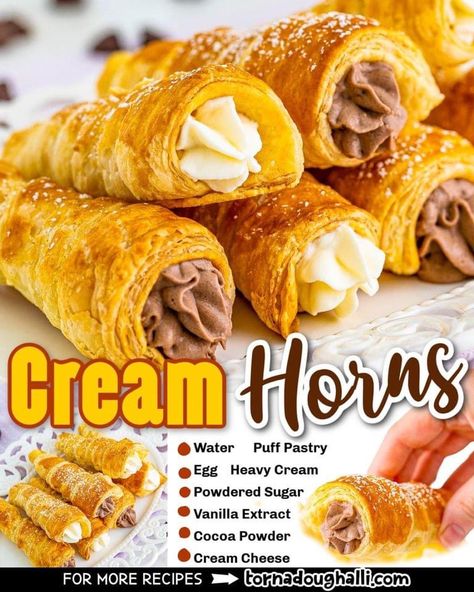 Italian Cream Horns Recipe, Homemade Cream Horns Recipe, Italian Cream Horns, Cream Horn Filling, Chocolate Cream Horns, Cream Filled Horns, Best Pie Crust Recipe, Cream Horn, Cottagecore Recipes