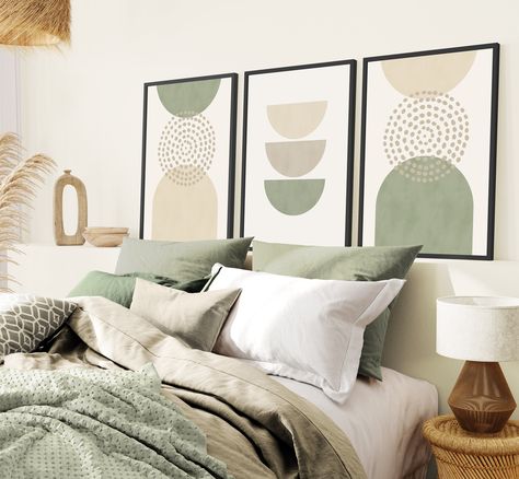 Green Beige And White Bedroom, Sage Green And Beige Bedroom Aesthetic, Sage Green Studio Apartment, Safe Green Room, Green White And Gold Interior, Sage Green Boho Room, Green Brown White Bedroom, Safe Green Bedroom Aesthetic, Safe Green Room Aesthetic