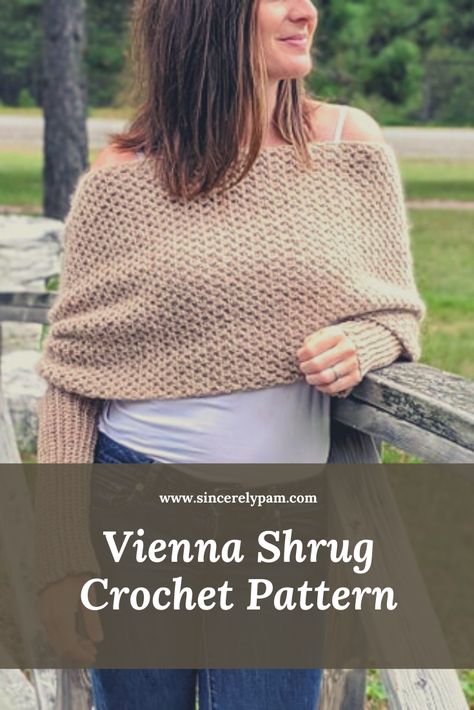 The Vienna Convertible Shrug fits every style and every body! It is incredibly versitile and customizable! Use this crochet pattern to make gifts for family and friends, or keep it all to yourself. This design can be worn in dozens of different ways. Use it show in the photo, worn as a scarf, wrapped around the torso, or over just one shoulder. Fashion should be fun! You can get this crochet pattern as part of the Crochet Foundry Fall 2020 digital issue. Long Sleeved Shrug Crochet Pattern, Blanket Shrug Crochet, Crochet Sleeved Wrap, Sleeved Shawl Crochet Pattern, Crochet Convertible Scarf Sweater, Sweater Shrug Crochet, Shoulder Warmer Crochet, Crochet Shrug Wrap Pattern Free, Free Crochet Wrap Top Pattern