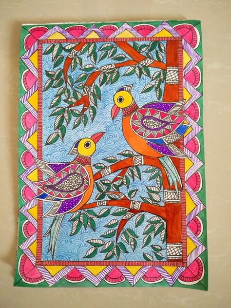 Madhubani painting done using drawing ink. Original Madhubani Paintings, Katchni Madhubani Painting, Birds In Madhubani Painting, Madhubani Art Bird, Madhubani Paintings Traditional Krishna, Madhubani Paintings Ideas Design, Madhubani Painting Easy, Madhubani Birds, Madhubani Paintings Traditional