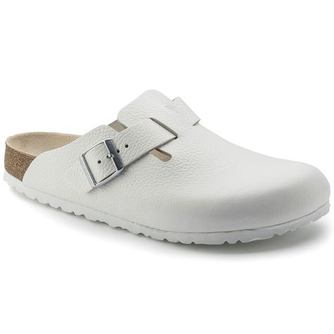 Birkenstock Boston Leather, Birkenstock Mules, Birkenstock White, White Birkenstocks, Birkenstock Styles, Medical Shoes, White Clogs, Black Birkenstock, Cork Sandals