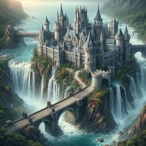 Waterfall Castle, Castle Images, Romantic Bath, Castle Vector, Mountain Waterfall, Water Pool, My Fantasy World, Castle Designs, Fantasy City