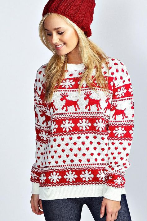 Hollie Reindeer & Snowflake Christmas Jumper Womens Christmas Jumper, Red Christmas Sweater, Red Turtleneck Sweater, Xmas Jumpers, Snowflake Sweater, Fair Isles, Xmas Sweater, Snowflake Christmas, Christmas Jumper