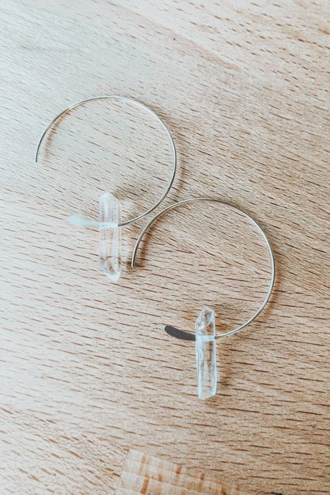 Style your outfit with these sterling silver Mini Moon Crystal Quartz Hoop Earrings. These are perfect statement earrings for any cute outfit. Shop these earrings at https://thirtynineonetwenty.com/product/mini-moon-crystal-quartz-hoop-earrings/ #handmadeearrings #crystalearrings #bohojewels #bohojewelry #jewelry #womensjewelry #quartzearrings #dropearrings #womensearrings #hoopearrings #cystalhoopearrings #statementearrings #bohoearrings #crystalquartzjewelry #partyearrings #boho #minihoops Minimalist Crystal Jewelry, Earring Wires Diy, Silver Wire Earrings Handmade, Easy To Make Earrings, Hammered Wire Earrings, Crystal Earrings Diy, Quartz Hoop Earrings, Crystal Quartz Earrings, Earrings Handmade Boho