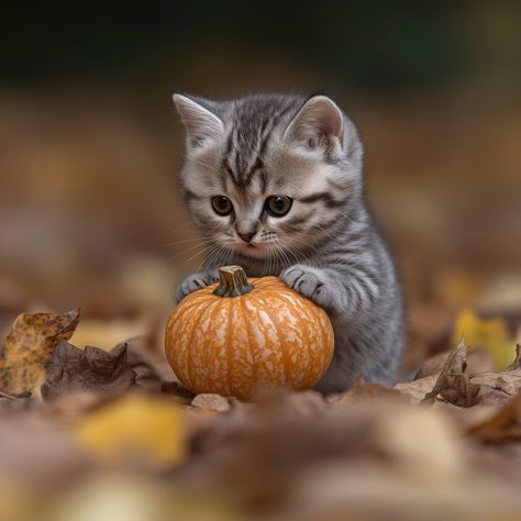 This autumn inspired piece features an adorable little kitten and a pumpkin in the fall leaves. Created in collaboration with artificial intelligence tools. Print Details: * Unframed giclee print * Printed on 230 gsm weight, neutral white, archival matte paper * Multiple sizes The estimated delivery date for this product reflects the time needed to create and ship your purchase. Request another size by using the "Request Custom Order" option on our shop's home page: https://www.etsy.com/shop/gimlesgallimaufry Fall Kittens, Animals In Autumn, Kitten Photography, Autumn Cats, Autumn Animal, Good Morning Animals, Autumn Cat, Fall Cats, Kitten Photos