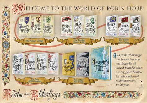 A wonderful infographic from HarperCollinsUK.  This illustrates the multiple series that make up Robin Hobb's Realm of the Elderlings.  Cover art is by artist Jackie Morris. Assassin's Quest, Realm Of The Elderlings, Robin Hobb Books, Royal Assassin, Stiles Teen Wolf, Farseer Trilogy, Robert Silverberg, Robin Hobb, Fantasy Authors