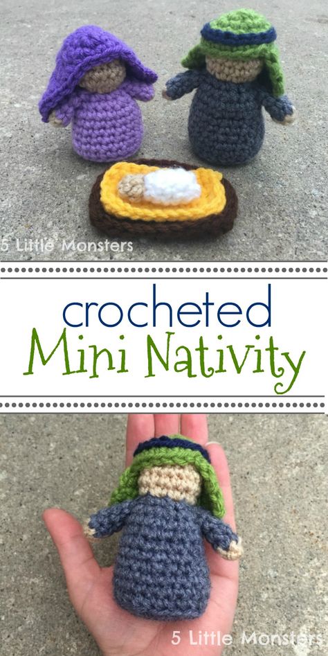 a mini crochet nativity set, about 4 inches tall, including Mary, Joseph, and Baby Jesus in a little manger. Crochet Nativity Set, Crochet Nativity, Mary Joseph And Baby Jesus, Crochet Christmas Gifts, Crochet Monsters, Crochet Xmas, Mini Crochet, Holiday Crochet, Crochet Christmas Ornaments