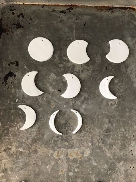 Clay Moon Phases, Air Dry Clay Moon Phase Diy, Clay Moon Necklace, Moon Phase Hanging Decor, Ceramic Moon Wall Hanging, Stenciled Curtains, Shaker Style Doors, Wax Painting, Clay Wall