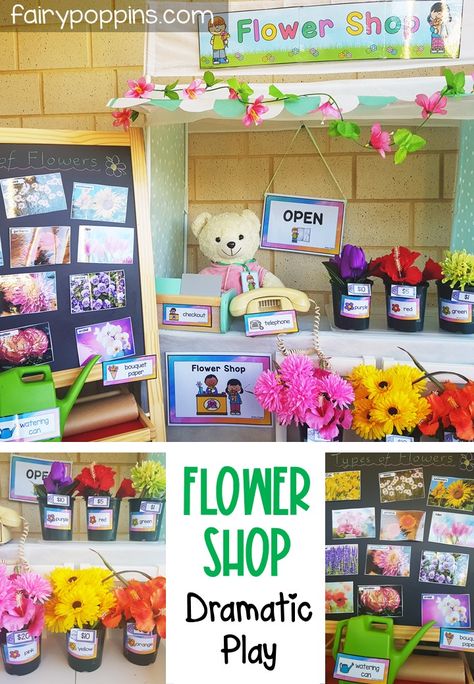 This flower shop dramatic play center is fun for kids who love pretend play! It's great for kids in Pre-K, Preschool and Kindergarten. #flowershop #dramaticplay #pretendplay #florist #dramaticplaycenter #pretendplaycenter #prek #preschool #kindergarten #springactivities #springtheme Pretend Play Area Preschool, Florist Role Play Eyfs, Florist Shop Dramatic Play, Flower Shop Prop Box Dramatic Play, Flower Shop Role Play Eyfs, Florist Dramatic Play Preschool, Florist Role Play, Flower Shop Preschool, Flower Dramatic Play