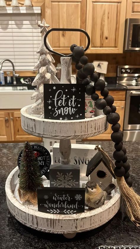 Tiered Tray Decorating & More | Love the tray! | Facebook How To Decorate 3 Tiered Tray Christmas, Winter Tiered Tray Decor Diy, Serving Tray Decor Ideas, Winter Tiered Tray Ideas, Winter Tray Decor, 3 Tiered Tray, Winter Tray, Tiered Tray Christmas, Tray Decor Ideas