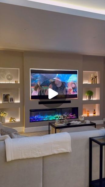 Open Fire Media Wall, Built In Tv Wall Unit With Fireplace Diy, Panelled Walls With Tv, Led Media Wall, Wall Units With Fireplace And Tv, Mdf Media Wall, Media Wall Lighting, 2024 Tv Wall Design, Wall Unit With Fireplace And Tv