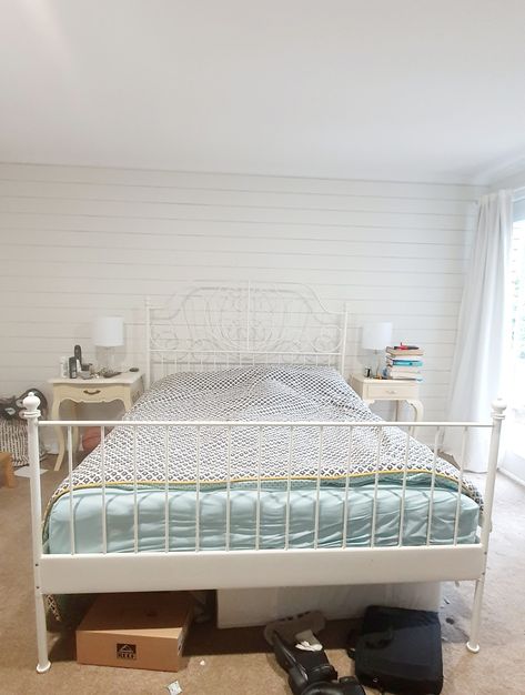 Ikea Metal Bed Frame Hack, Ikea White Metal Bed Frame, Ikea Leirvik Bed Hack, Leirvik Bed Hack, Leirvik Bed Ideas Bedrooms, White Metal Bed Frame Bedroom Ideas, Ikea Metal Bed Frame, White Ikea Bed, Ikea Metal Bed