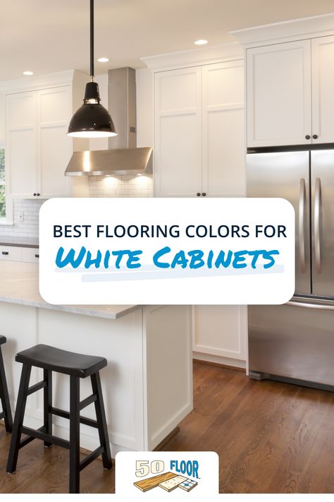 White Kitchen And Wood Floors, Floor For White Kitchen, Flooring With White Cabinets Kitchen, White Kitchens With Dark Wood Floors, Dark Flooring With White Cabinets, Kitchen Floor Colors, Light Kitchen Flooring Ideas, Flooring Ideas With White Cabinets, Dark Floor White Cabinets Kitchen