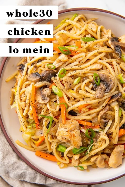 This Whole30 chicken lo mein looks like the real deal Chinese takeout favorite, but it's made with palmini or veggie noodles for a healthier, paleo take! Naturally sweetened and loaded with flavor, this one-pan meal satisfies that Asian craving with real, whole foods. #whole30 #paleo #asian #chinese 40 Aprons, Chicken Lo Mein, Whole30 Chicken, Whole30 Dinner Recipes, Easy Whole 30 Recipes, Whole 30 Meal Plan, Lo Mein Recipes, Whole30 Dinners, Whole 30 Diet