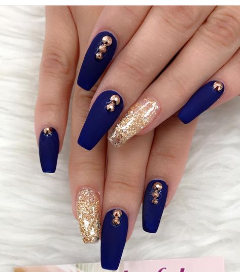 Blue And Gold Gel Nail Designs, Wedding Nails With Navy Blue, Matte Blue And Gold Nails, Blue And Gold Manicure, Nail Art Designs Royal Blue, Nail Art Designs Blue And Gold, September Sapphire Nails, Black Blue And Gold Nails, Navy Blue And Gold Nail Ideas