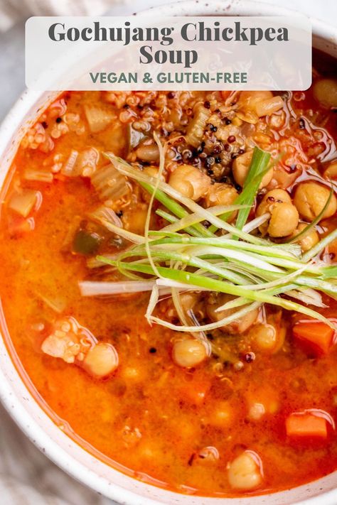 This Gochujang Chickpea Soup is quick to make, but loaded with lots of warming savory flavors. Comes together in 30 minutes and packed with satisfying protein and fiber. Gochujang Soup, Chickpea Chili, Chickpea Soup, Soup Vegan, Stewed Potatoes, Chili Paste, Going Vegan, Gluten Free Vegetarian, Soups And Stews