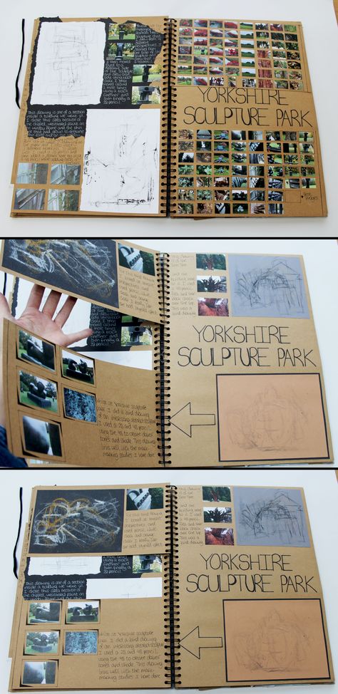 AL Graphic Communication A3 Brown Sketchbook Yorkshire Sculpture Park Trip CSWK Thomas Rotherham College 2016 Sunga Park Artist Research Page, Gcse Art Trip Page, Graphic Communication Sketchbook, Sculpture Sketchbook, College Art Projects, Brown Sketchbook, Artbook Ideas, Artist Research Page, Textiles Gcse