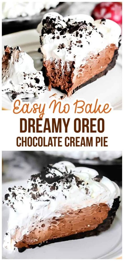 Indulge in the best no bake Oreo chocolate cream pie! This easy recipe combines a creamy chocolate filling with an Oreo cookie crust, topped with fluffy whipped cream and crushed Oreos. Perfect for any occasion, this chocolate cream pie is quick to make and will satisfy any sweet tooth! Pudding Oreo Dessert, Oreo Pudding Pie, Oreo Pudding Dessert, Oreo Fluff Dessert, Oreo Cookie Dessert, Chocolate Cream Pie Recipe, Oreo Dessert Recipes, No Bake Recipe, Best Chocolate Desserts