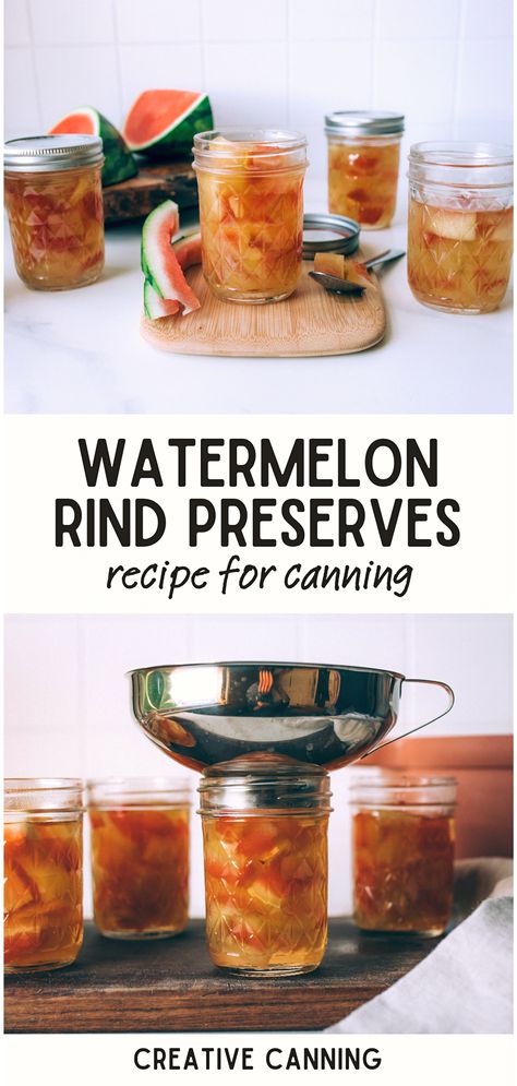 Broaden your culinary horizons with our watermelon rind preserves recipes. Using our easy to follow water bath canning method, you can transform the often-discarded watermelon rind into a delightful preserve. It's an unconventional yet easy watermelon recipe that not only adds variety to your canning fruit recipes but also reduces waste. Canned Watermelon Rind, Pickled Watermelon Rind Recipe Canning, How To Preserve Watermelon, Watermelon Rind Uses, Pickled Watermelon Rind Recipe Easy, Canning Watermelon Rind, Watermelon Preserves Recipe, Preserve Watermelon, Watermelon Canning Recipes