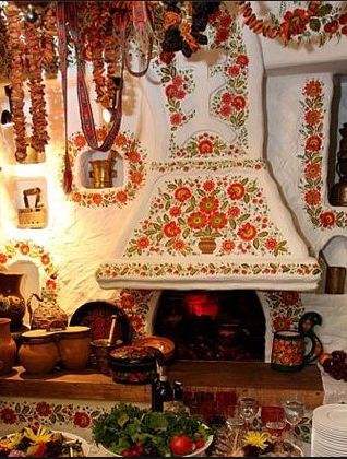 That's inside beautifully painted Ukrainian home! It looks a little like Rapunzle's  home from the Tangled cartoon. Hirsch Silhouette, Ukrainian Food, Ukrainian Recipes, Russian Culture, Ukrainian Art, Arte Popular, Kiev, Stove, A Table