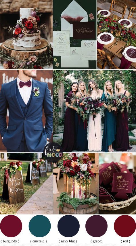 Jewel toned Wedding Colours { The perfect Autumn Wedding Colurs } emerald, purple, burgundy, red #wedding #color #fallwedding Red Purple Blue Green Wedding, Emerald And Blue Bridesmaid Dresses, Burgundy Wedding Colour Scheme, Navy Blue Emerald Green Burgundy Wedding, Burgundy Pink Navy Wedding, Winter Wedding Colors Palette, October Wedding Navy Blue, Navy Green Red Color Palette, Fall Color Dresses For Wedding