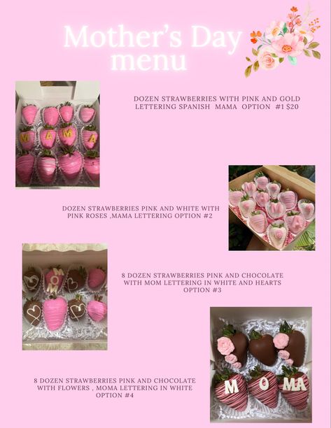 Menu ideas for strawberry treats  
Inspiration Chocolate Covered Strawberries Menu Ideas, Small Business Menu Ideas, Bakery Small Business, Chocolate Covered Strawberries Business, Treats Price List, Cake Pop Prices, Strawberry Business, Business Paperwork, Treats Business