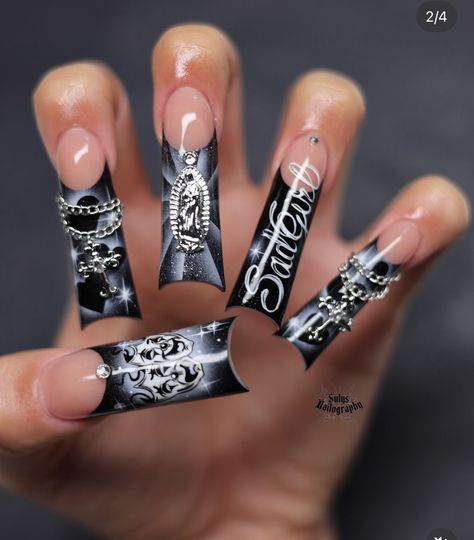 Airbrush French Tip Nails, Lowrider Nail Designs, Airbrush Art Nails, Dama Nails, Lowrider Nails, Loud Nails, Chicana Nails, Goth Nail Art, Nails Airbrush