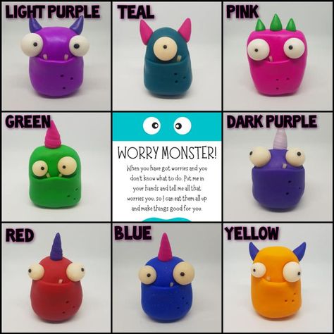 Worry Eater Monster, Clay Monsters Easy, Easy Clay Sculptures For Kids, Air Dry Clay Monsters, Afterschool Crafts, Xmas Clay, Worry Monster, Easy Clay Sculptures, Worried Kids