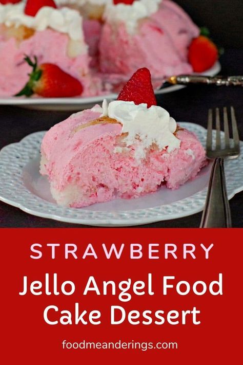 This easy, no bake Strawberry Dessert is made with store bought angel food cake, frozen strawberries, whipped cream and jello. It's very light and refreshing, so it's the perfect Easter dessert or dessert to accompany any big holiday spring or summer meal. #nobake #dessert #strawberry #cake #angelfood #jello Whipped Cream And Jello, Strawberry Jello Angel Food Cake, Strawberries Whipped Cream, Nobake Dessert, Strawberry Angel Food Cake, Angel Food Cake Desserts, Cake Frozen, Jello Salads, Dessert Strawberry