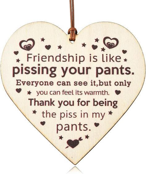 Funny Friendship Wooden Signs Get it here: https://amzn.to/3wwiX6H The best friend thank you wood plaque with saying engraved that "friendship is like pissing your pants, everyone can see it, but only you can feel its warmth, thank you for being the piss in my pants", perfect as humorous gag gifts for teens adult friends besties Thank You Best Friend, Prayer For Friendship, Friendship Signs, Woodsy Decor, Funny Friendship, Thankful For Friends, Forever Gifts, Friendship Humor, Friends Sign