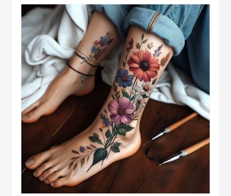 Floral Sleeve Tattoos For Women Colour, Flower Leg Tattoos Women Color, Upper Breast Tattoo For Women, Women’s Leg Tattoo Floral, Flower Foot Tattoos For Women, Floral Hip Tattoos Women Color, Floral Leg Tattoos For Women, Wolf Tattoo With Flowers Thigh Piece, Feminine Half Sleeve Tattoo