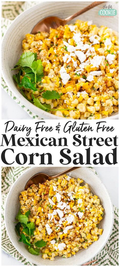 Make this dairy free street corn salad for your next BBQ! This salad is our take on the popular Mexican street corn salad (elote salad), and our version is dairy free, vegan, and naturally gluten free. | thefitcookie.com Vegan Street Corn Salad, Gluten Free Corn Salad, Dairy Free Corn Salad, Healthy Corn Salad Recipe, Bbq Side Dishes Vegan, Gluten Free Dairy Free Bbq Sides, Dairy Free Street Corn, Vegan Corn Salad, Vegan Elote