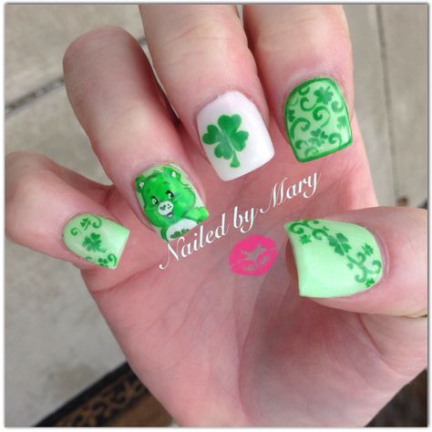 Good luck carebear four leaf clover shamrocks st. Patrick's day nails Green Care Bear Nails, St Patricks Nail Designs, Shamrock Nails, Saint Patrick Nail, St Patrick's Day Nails, Bear Nails, Cartoon Nails, St Patricks Day Nails, Bears Nails