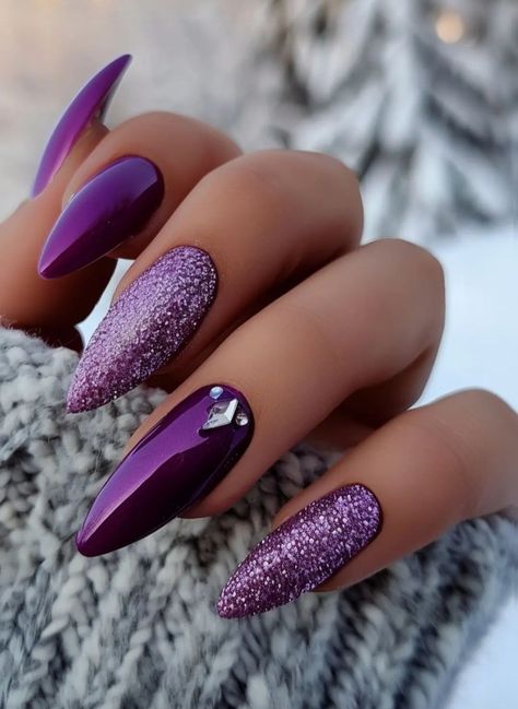 Gillter Nails Design, Plum Sparkle Nails, Purple November Nails, Purple Christmas Nails Winter, Almond Nails Designs January, Taylor Swift Lavender Haze Nails, Purple Formal Nails, Purple Nails Christmas, Purple Pointy Nails