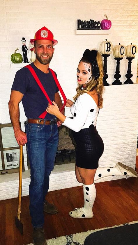 Firefighter and Dalmatian #dalamatian #firefighter #couplescostume #couple #costume #halloweencostumes #halloween #halloween2017 #diy #diycostume #puppy #fireman #makeup #halloweenmakeup #dalamtianmakeup #cute Dalmatian Halloween, Firefighter Costume, Homecoming Week, Couple Costume, Couple Costumes, Cute Couple Halloween Costumes, Halloween Costume Outfits, Funny Costumes, Halloween Costumes Makeup